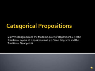 Categorical Propositions 4.3 (Venn Diagrams and the Modern Square of Opposition), 4.5 (The Traditional Square of Opposition) and 4.6 (Venn Diagrams and the Traditional Standpoint) 