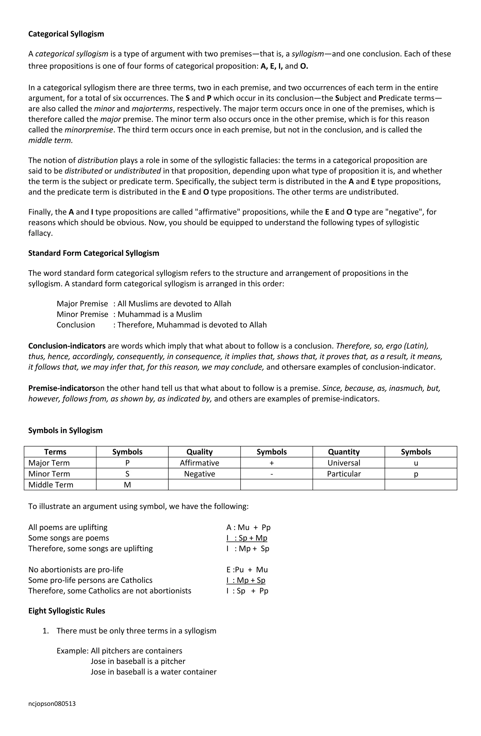 ncjopson080513
Categorical Syllogism
A categorical syllogism is a type of argument with two premises—that is, a syllogism—and one conclusion. Each of these
three propositions is one of four forms of categorical proposition: A, E, I, and O.
In a categorical syllogism there are three terms, two in each premise, and two occurrences of each term in the entire
argument, for a total of six occurrences. The S and P which occur in its conclusion—the Subject and Predicate terms—
are also called the minor and majorterms, respectively. The major term occurs once in one of the premises, which is
therefore called the major premise. The minor term also occurs once in the other premise, which is for this reason
called the minorpremise. The third term occurs once in each premise, but not in the conclusion, and is called the
middle term.
The notion of distribution plays a role in some of the syllogistic fallacies: the terms in a categorical proposition are
said to be distributed or undistributed in that proposition, depending upon what type of proposition it is, and whether
the term is the subject or predicate term. Specifically, the subject term is distributed in the A and E type propositions,
and the predicate term is distributed in the E and O type propositions. The other terms are undistributed.
Finally, the A and I type propositions are called "affirmative" propositions, while the E and O type are "negative", for
reasons which should be obvious. Now, you should be equipped to understand the following types of syllogistic
fallacy.
Standard Form Categorical Syllogism
The word standard form categorical syllogism refers to the structure and arrangement of propositions in the
syllogism. A standard form categorical syllogism is arranged in this order:
Major Premise : All Muslims are devoted to Allah
Minor Premise : Muhammad is a Muslim
Conclusion : Therefore, Muhammad is devoted to Allah
Conclusion-indicators are words which imply that what about to follow is a conclusion. Therefore, so, ergo (Latin),
thus, hence, accordingly, consequently, in consequence, it implies that, shows that, it proves that, as a result, it means,
it follows that, we may infer that, for this reason, we may conclude, and othersare examples of conclusion-indicator.
Premise-indicatorson the other hand tell us that what about to follow is a premise. Since, because, as, inasmuch, but,
however, follows from, as shown by, as indicated by, and others are examples of premise-indicators.
Symbols in Syllogism
Terms Symbols Quality Symbols Quantity Symbols
Major Term P Affirmative + Universal u
Minor Term S Negative - Particular p
Middle Term M
To illustrate an argument using symbol, we have the following:
All poems are uplifting A : Mu + Pp
Some songs are poems I : Sp + Mp
Therefore, some songs are uplifting I : Mp + Sp
No abortionists are pro-life E :Pu + Mu
Some pro-life persons are Catholics I : Mp + Sp
Therefore, some Catholics are not abortionists I : Sp + Pp
Eight Syllogistic Rules
1. There must be only three terms in a syllogism
Example: All pitchers are containers
Jose in baseball is a pitcher
Jose in baseball is a water container
 