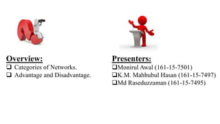 Presenters:
Monirul Awal (161-15-7501)
K.M. Mahbubul Hasan (161-15-7497)
Md Raseduzzaman (161-15-7495)
Overview:
 Categories of Networks.
 Advantage and Disadvantage.
 