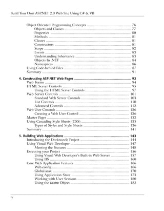 Build Your Own ASP.NET 2.0 Web Site Using C# & VB


           Object Oriented Programming Concepts ............................................. 76
                Objects and Classes .................................................................... 77
                Properties .................................................................................. 80
                Methods .................................................................................... 81
                Classes ....................................................................................... 81
                Constructors .............................................................................. 81
                Scope ......................................................................................... 82
                Events ........................................................................................ 83
                Understanding Inheritance ......................................................... 83
                Objects In .NET ......................................................................... 84
                Namespaces ............................................................................... 86
           Using Code-behind Files ..................................................................... 87
           Summary ........................................................................................... 91

     4. Constructing ASP.NET Web Pages ......................................................... 93
          Web Forms ........................................................................................ 94
          HTML Server Controls ...................................................................... 95
               Using the HTML Server Controls ............................................... 97
          Web Server Controls ........................................................................ 101
               Standard Web Server Controls ................................................. 103
               List Controls ............................................................................ 110
               Advanced Controls ................................................................... 112
          Web User Controls ........................................................................... 126
               Creating a Web User Control ................................................... 126
          Master Pages .................................................................................... 132
          Using Cascading Style Sheets (CSS) ................................................. 135
               Types of Styles and Style Sheets ............................................... 136
          Summary ......................................................................................... 141

     5. Building Web Applications ................................................................. 143
          Introducing the Dorknozzle Project .................................................. 144
          Using Visual Web Developer ............................................................ 147
               Meeting the Features ................................................................ 148
          Executing your Project ...................................................................... 156
               Using Visual Web Developer’s Built-in Web Server ................... 157
               Using IIS ................................................................................. 160
          Core Web Application Features ........................................................ 166
               Web.config ............................................................................... 166
               Global.asax .............................................................................. 170
               Using Application State ........................................................... 173
               Working with User Sessions ..................................................... 180
               Using the Cache Object ............................................................ 182



iv
 