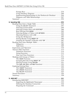 Build Your Own ASP.NET 2.0 Web Site Using C# & VB


               Foreign Keys ............................................................................        278
               Using Database Diagrams ........................................................                 280
               Implementing Relationships in the Dorknozzle Database ..........                                 284
               Diagrams and Table Relationships ............................................                    287
            Summary .........................................................................................   292

     8. Speaking SQL ..................................................................................... 293
          Reading Data from a Single Table ..................................................... 294
               Using the SELECT Statement ..................................................... 297
               Selecting Certain Fields ............................................................ 299
               Selecting Unique Data with DISTINCT ...................................... 300
               Row Filtering with WHERE .......................................................... 302
               Selecting Ranges of Values with BETWEEN .................................. 303
               Matching Patterns with LIKE .................................................... 304
               Using the IN Operator .............................................................. 305
               Sorting Results Using ORDER BY ................................................ 306
               Limiting the Number of Results with TOP ................................. 307
          Reading Data from Multiple Tables .................................................. 307
               Subqueries ............................................................................... 308
               Table Joins ............................................................................... 309
          Expressions and Operators ............................................................... 310
          Transact-SQL Functions ................................................................... 313
               Arithmetic Functions ................................................................ 314
               String Functions ....................................................................... 315
               Date and Time Functions ......................................................... 317
          Working with Groups of Values ........................................................ 318
               The COUNT Function ................................................................. 319
               Grouping Records Using GROUP BY ........................................... 319
               Filtering Groups Using HAVING ................................................. 321
               The SUM, AVG, MIN, and MAX Functions ....................................... 322
          Updating Existing Data .................................................................... 322
               The INSERT Statement ............................................................. 323
               The UPDATE Statement ............................................................. 324
               The DELETE Statement ............................................................. 325
          Stored Procedures ............................................................................ 326
          Summary ......................................................................................... 330

     9. ADO.NET ........................................................................................... 331
          Introducing ADO.NET ..................................................................... 332
               Importing the SqlClient Namespace ....................................... 333
               Defining the Database Connection ........................................... 334
               Preparing the Command .......................................................... 336



vi
 