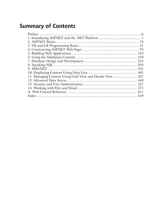Summary of Contents
  Preface ........................................................................................................ xi
  1. Introducing ASP.NET and the .NET Platform ........................................... 1
  2. ASP.NET Basics ..................................................................................... 33
  3. VB and C# Programming Basics ............................................................. 51
  4. Constructing ASP.NET Web Pages .......................................................... 93
  5. Building Web Applications ................................................................... 143
  6. Using the Validation Controls ............................................................... 219
  7. Database Design and Development ...................................................... 251
  8. Speaking SQL ...................................................................................... 293
  9. ADO.NET ............................................................................................ 331
  10. Displaying Content Using Data Lists .................................................. 401
  11. Managing Content Using Grid View and Details View ........................ 427
  12. Advanced Data Access ........................................................................ 469
  13. Security and User Authentication ....................................................... 527
  14. Working with Files and Email ............................................................. 571
  A. Web Control Reference ........................................................................ 611
  Index ....................................................................................................... 659
 
