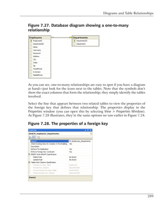 Diagrams and Table Relationships


Figure 7.27. Database diagram showing a one-to-many
relationship




As you can see, one-to-many relationships are easy to spot if you have a diagram
at hand—just look for the icons next to the tables. Note that the symbols don’t
show the exact columns that form the relationship; they simply identify the tables
involved.

Select the line that appears between two related tables to view the properties of
the foreign key that defines that relationship. The properties display in the
Properties window (you can open this by selecting View > Properties Window).
As Figure 7.28 illustrates, they’re the same options we saw earlier in Figure 7.24.

Figure 7.28. The properties of a foreign key




                                                                                      289
 