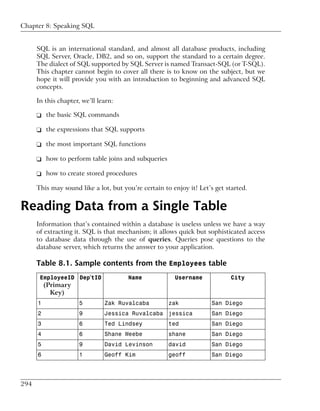 Chapter 8: Speaking SQL


      SQL is an international standard, and almost all database products, including
      SQL Server, Oracle, DB2, and so on, support the standard to a certain degree.
      The dialect of SQL supported by SQL Server is named Transact-SQL (or T-SQL).
      This chapter cannot begin to cover all there is to know on the subject, but we
      hope it will provide you with an introduction to beginning and advanced SQL
      concepts.

      In this chapter, we’ll learn:

      ❑ the basic SQL commands

      ❑ the expressions that SQL supports

      ❑ the most important SQL functions

      ❑ how to perform table joins and subqueries

      ❑ how to create stored procedures

      This may sound like a lot, but you’re certain to enjoy it! Let’s get started.


Reading Data from a Single Table
      Information that’s contained within a database is useless unless we have a way
      of extracting it. SQL is that mechanism; it allows quick but sophisticated access
      to database data through the use of queries. Queries pose questions to the
      database server, which returns the answer to your application.

      Table 8.1. Sample contents from the Employees table
       EmployeeID Dep'tID              Name             Username             City
          (Primary
            Key)
      1               5        Zak Ruvalcaba          zak            San Diego
      2               9        Jessica Ruvalcaba jessica             San Diego
      3               6        Ted Lindsey            ted            San Diego
      4               6        Shane Weebe            shane          San Diego
      5               9        David Levinson         david          San Diego
      6               1        Geoff Kim              geoff          San Diego




294
 