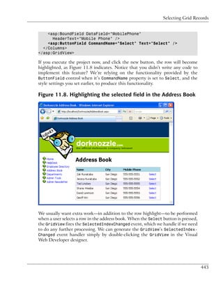 Selecting Grid Records


    <asp:BoundField DataField="MobilePhone"
      HeaderText="Mobile Phone" />
    <asp:ButtonField CommandName="Select" Text="Select" />
  </Columns>
</asp:GridView>

If you execute the project now, and click the new button, the row will become
highlighted, as Figure 11.8 indicates. Notice that you didn’t write any code to
implement this feature? We’re relying on the functionality provided by the
ButtonField control when it’s CommandName property is set to Select, and the
style settings you set earlier, to produce this functionality.

Figure 11.8. Highlighting the selected field in the Address Book




We usually want extra work—in addition to the row highlight—to be performed
when a user selects a row in the address book. When the Select button is pressed,
the GridView fires the SelectedIndexChanged event, which we handle if we need
to do any further processing. We can generate the GridView’s SelectedIndex-
Changed event handler simply by double-clicking the GridView in the Visual
Web Developer designer.




                                                                                    443
 