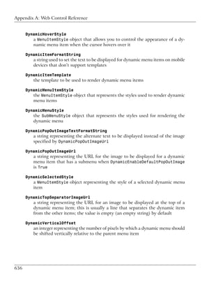 Appendix A: Web Control Reference


      DynamicHoverStyle
         a MenuItemStyle object that allows you to control the appearance of a dy-
         namic menu item when the cursor hovers over it

      DynamicItemFormatString
         a string used to set the text to be displayed for dynamic menu items on mobile
         devices that don’t support templates

      DynamicItemTemplate
         the template to be used to render dynamic menu items

      DynamicMenuItemStyle
         the MenuItemStyle object that represents the styles used to render dynamic
         menu items

      DynamicMenuStyle
         the SubMenuStyle object that represents the styles used for rendering the
         dynamic menu

      DynamicPopOutImageTextFormatString
         a string representing the alternate text to be displayed instead of the image
         specified by DynamicPopOutImageUrl

      DynamicPopOutImageUrl
         a string representing the URL for the image to be displayed for a dynamic
         menu item that has a submenu when DynamicEnableDefaultPopOutImage
         is True

      DynamicSelectedStyle
         a MenuItemStyle object representing the style of a selected dynamic menu
         item

      DynamicTopSeparatorImageUrl
         a string representing the URL for an image to be displayed at the top of a
         dynamic menu item; this is usually a line that separates the dynamic item
         from the other items; the value is empty (an empty string) by default

      DynamicVerticalOffset
         an integer representing the number of pixels by which a dynamic menu should
         be shifted vertically relative to the parent menu item




636
 