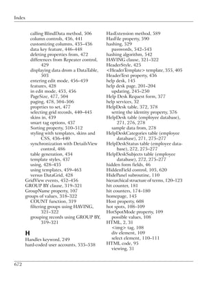Index


         calling BlindData method, 506        HasExtension method, 589
         column controls, 436, 441            HasFile property, 590
         customizing columns, 435–436         hashing, 529
         data key feature, 446–448               passwords, 542–543
         deleting properties from, 472        hashing algorithm, 542
         differences from Repeater control,   HAVING clause, 321–322
                429                           HeaderStyle, 425
         displaying data drom a DataTable,    <HeaderTemplate> template, 355, 405
                503                           HeaderText property, 436
         entering edit mode, 456–459          help desk, 145
         features, 428                        help desk page, 201–204
         in edit mode, 453, 456                  updating, 245–250
         PageSize, 477, 504                   Help Desk Request form, 377
         paging, 478, 504–506                 help services, 32
         proprties to set, 477                HelpDesk table, 372, 378
         selecting grid records, 440–445         setting the identity property, 376
         skins in, 439                        HelpDesk table (employee database),
         smart tag options, 437                     271, 276, 278
         Sorting property, 510–512               sample data from, 278
         styling with templates, skins and    HelpDeskCategories table (employee
                CSS, 436–440                        database), 271, 275–277
         synchronization with DetailsView     HelpDeskStatus table (employee data-
                control, 486                        base), 272, 275–277
         table generation, 434                HelpDeskSubjects table (employee
         template styles, 437                       database), 272, 275–277
         using, 428–435                       hidden form fields, 46
         using templates, 459–463             HiddenField control, 105, 620
         versus DataGrid, 428                 HidePanel subroutine, 110
      GridView events, 452–456                hierarchical structure of terms, 120–123
      GROUP BY clause, 319–321                hit counter, 181
      GroupName property, 107                 hit counters, 174–180
      groups of values, 318–322               homepage, 145
         COUNT function, 319                  Host property, 608
         filtering groups using HAVING,       hot spots, 108–109
                321–322                       HotSpotMode property, 109
         grouping records using GROUP BY,        possible values, 108
                319–321                       HTML, 2, 31
                                                 <img> tag, 108
      H                                          div element, 109
      Handles keyword, 249                       select element, 110–111
      hard-coded user accounts, 535–538       HTML code, 95
                                                 viewing, 31


672
 
