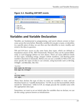 Variables and Variable Declaration


   Figure 3.2. Handling ASP.NET events




Variables and Variable Declaration
   Variables are fundamental to programming, and you’re almost certain to have
   come across the term before. Basically, variables let you give a name, or identifier,
   to a specific piece of data; we can then use that identifier to store, modify, and
   retrieve the data in question.

   VB and C# have access to the same basic data types, which are defined as
   foundation classes of the .NET Framework. However, they can be named differ-
   ently, as each language defines its own aliases. There are many different kinds
   of data types, including strings, integers (whole numbers), and floating point
   numbers (fractions or decimals). Before you can use a variable in VB or C#, you
   must specify the types of data it can contain, using keywords such as String,
   Integer, and Decimal, like this:

   Visual Basic
   Dim name As String
   Dim age As Integer

   C#
   string name;
   int age;

   These lines declare the type of data we want our variables to store, and are
   therefore known as “variable declarations.” In VB, we use the keyword Dim, which
   stands for “dimension,” while in C#, we simply precede the variable name with
   the appropriate data type.

   Sometimes, we want to set an initial value for variables that we declare; we can
   do this using a process known as initialization:




                                                                                           59
 