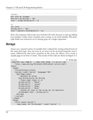 Chapter 3: VB and C# Programming Basics


     Visual Basic
     Dim intX As Integer
     Dim strY As String = "35"
     intX = Int32.Parse(strY) + 6

     C#
     int intX;
     string strY = "35";
     intX = Convert.ToInt32(strY) + 6;

     Now, the computer will accept even with the C# code, because it ends up adding
     two numbers, rather than a number and a string, as we tried initially. This prin-
     ciple holds true whenever we’re mixing types in a single expression.

Arrays
     Arrays are a special variety of variable that’s tailored for storing related items of
     the same data type. Any one item in an array can be accessed using the array’s
     name, followed by that item’s position in the array (its offset). Let’s create a
     sample page to see how it’s done. The results of this code are shown in Figure 3.3:

     Visual Basic                                                          File: Arrays.aspx
     <!DOCTYPE html PUBLIC "-//W3C//DTD XHTML 1.0 Strict//EN"
         "http://www.w3.org/TR/xhtml1/DTD/xhtml1-strict.dtd">
     <html>
       <head>
         <title>Arrays</title>
         <script runat="server" language="VB">
            Sub Page_Load()
              ' Declare an array
              Dim drinkList(4) As String
              ' Place some items in it
              drinkList(0) = "Water"
              drinkList(1) = "Juice"
              drinkList(2) = "Soda"
              drinkList(3) = "Milk"
              ' Access an item in the array by its position
              drinkLabel.Text = drinkList(1)
            End Sub
         </script>
       </head>
       <body>
         <form runat="server">
            <asp:Label id="drinkLabel" runat="server" />



62
 