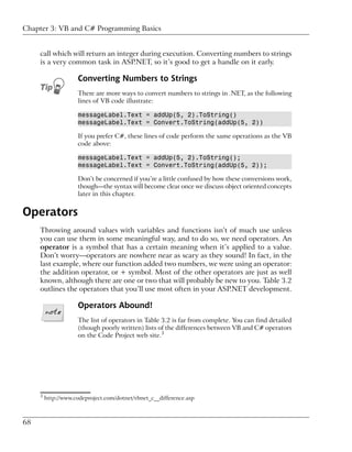 Chapter 3: VB and C# Programming Basics


     call which will return an integer during execution. Converting numbers to strings
     is a very common task in ASP.NET, so it’s good to get a handle on it early.

                     Converting Numbers to Strings
                     There are more ways to convert numbers to strings in .NET, as the following
                     lines of VB code illustrate:

                     messageLabel.Text = addUp(5, 2).ToString()
                     messageLabel.Text = Convert.ToString(addUp(5, 2))

                     If you prefer C#, these lines of code perform the same operations as the VB
                     code above:

                     messageLabel.Text = addUp(5, 2).ToString();
                     messageLabel.Text = Convert.ToString(addUp(5, 2));

                     Don’t be concerned if you’re a little confused by how these conversions work,
                     though—the syntax will become clear once we discuss object oriented concepts
                     later in this chapter.


Operators
     Throwing around values with variables and functions isn’t of much use unless
     you can use them in some meaningful way, and to do so, we need operators. An
     operator is a symbol that has a certain meaning when it’s applied to a value.
     Don’t worry—operators are nowhere near as scary as they sound! In fact, in the
     last example, where our function added two numbers, we were using an operator:
     the addition operator, or + symbol. Most of the other operators are just as well
     known, although there are one or two that will probably be new to you. Table 3.2
     outlines the operators that you’ll use most often in your ASP.NET development.

                     Operators Abound!
                     The list of operators in Table 3.2 is far from complete. You can find detailed
                     (though poorly written) lists of the differences between VB and C# operators
                     on the Code Project web site.3




     3
         http://www.codeproject.com/dotnet/vbnet_c__difference.asp



68
 
