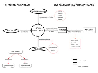 PRONOM ADJECTIU VERB DETERMINANT NOM / SUBSTANTIU expressa accions  o estats ADVERBI indica circumstàncies complementa i n’indica definició indefinició quantitat localització posseïdor modifica i n’indica característiques o qualitats entre paraules mots d’enllaç preposicions conjuncions entre oracions temps – quan? lloc – on? manera – com? quantitat – quant? mots variables mots invariables substitueix TIPUS DE PARAULES LES CATEGORIES GRAMATICALS 