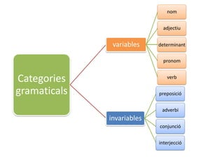 nom

adjectiu

variables

determinant
pronom

Categories
gramaticals

verb

preposició
adverbi

invariables
conjunció
interjecció

 