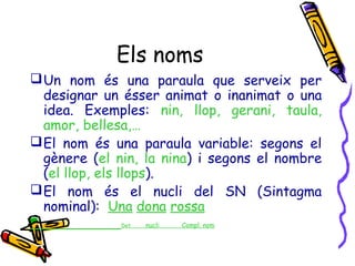 Els noms
 Un nom és una paraula que serveix per
designar un ésser animat o inanimat o una
idea. Exemples: nin, llop, gerani, taula,
amor, bellesa,…
 El nom és una paraula variable: segons el
gènere (el nin, la nina) i segons el nombre
(el llop, els llops).
 El nom és el nucli del SN (Sintagma
nominal): Una dona rossa
Det

nucli

Compl. nom

 