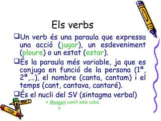 Els verbs
Un verb és una paraula que expressa
una acció (jugar), un esdeveniment
(ploure) o un estat (estar).
És la paraula més variable, ja que es
conjuga en funció de la persona (1ª,
2ª,…), el nombre (canta, cantam) i el
temps (cant, cantava, cantaré).
És el nucli del SV (sintagma verbal)
» Mengen conill amb ceba.
V

 