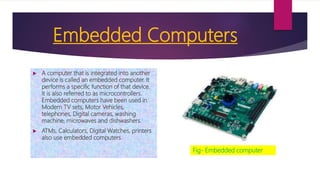 Embedded Computers
 A computer that is integrated into another
device is called an embedded computer. It
performs a specific function of that device.
It is also referred to as microcontrollers.
Embedded computers have been used in
Modern TV sets, Motor Vehicles,
telephones, Digital cameras, washing
machine, microwaves and dishwashers.
 ATMs, Calculators, Digital Watches, printers
also use embedded computers.
Fig- Embedded computer
 