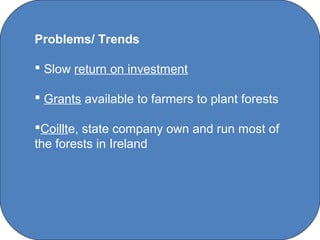 Problems/ Trends

 Slow return on investment

 Grants available to farmers to plant forests

Coillte, state company own and run most of
the forests in Ireland




                  C O' Brien Chanel College
 