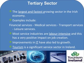 Tertiary Sector
The largest and fastest growing sector in the Irish
   economy.
Examples include:
Financial services - Medical services - Transport services
   - Leisure services.
Most service industries are labour-intensive and this
   has a very positive impact on job creation.
Improvements in IT have also led to growth.
Tourism is a significant service sector in Ireland.


                    C O' Brien Chanel College
 