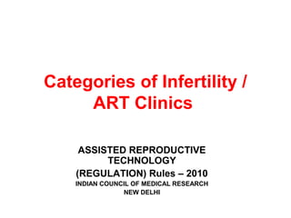Categories of Infertility /
ART Clinics
ASSISTED REPRODUCTIVE
TECHNOLOGY
(REGULATION) Rules – 2010
INDIAN COUNCIL OF MEDICAL RESEARCH
NEW DELHI
 