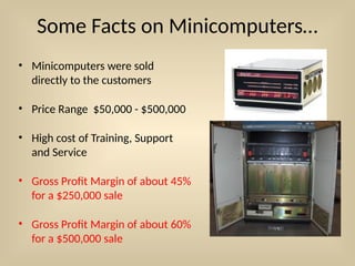 Some Facts on Minicomputers…
• Minicomputers were sold
directly to the customers
• Price Range $50,000 - $500,000
• High cost of Training, Support
and Service
• Gross Profit Margin of about 45%
for a $250,000 sale
• Gross Profit Margin of about 60%
for a $500,000 sale
 