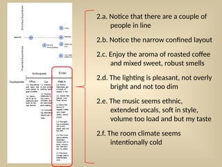 2.a. Notice that there are a couple of
people in line
2.b. Notice the narrow confined layout
2.c. Enjoy the aroma of roasted coffee
and mixed sweet, robust smells
2.d. The lighting is pleasant, not overly
bright and not too dim
2.e. The music seems ethnic,
extended vocals, soft in style,
volume too load and but my taste
2.f. The room climate seems
intentionally cold
 