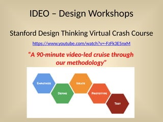 IDEO – Design Workshops
Stanford Design Thinking Virtual Crash Course
https://www.youtube.com/watch?v=-FzFk3E5nxM
“A 90-minute video-led cruise through
our methodology”
 