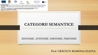 CATEGORII SEMANTICE
SINONIME, ANTONIME, OMONIME, PARONIME
Prof. CRĂCIUN RAMONA ELENA
 