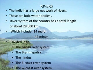 RIVERS
• The India has a large net work of rivers.
• These are lotic water bodies .
• River system of the country has a total length
of about 29,000 km.
• Which include -14 major
- 44 minor.
• Divided in to –
• The Ganga river system
• The Brahmaputra
• The Indus
• The E-coast river system
• The w-coast river system
 
