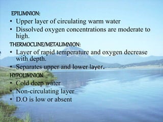 EPILIMNION:
• Upper layer of circulating warm water
• Dissolved oxygen concentrations are moderate to
high.
THERMOCLINE/METALIMNION:
• Layer of rapid temperature and oxygen decrease
with depth.
• Separates upper and lower layer.
HYPOLIMNION:
• Cold deep water
• Non-circulating layer
• D.O is low or absent
 
