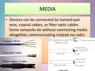 MEDIA
• Devices can be connected by twisted-pair
wire, coaxial cables, or fiber optic cables.
Some networks do without connecting media
altogether, communicating instead via radio
waves.
 