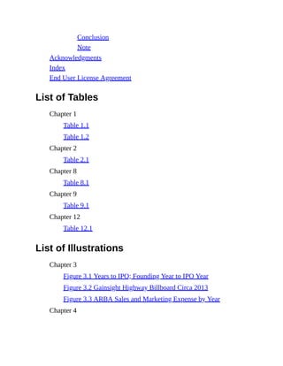 Conclusion
Note
Acknowledgments
Index
End User License Agreement
List of Tables
Chapter 1
Table 1.1
Table 1.2
Chapter 2
Table 2.1
Chapter 8
Table 8.1
Chapter 9
Table 9.1
Chapter 12
Table 12.1
List of Illustrations
Chapter 3
Figure 3.1 Years to IPO; Founding Year to IPO Year
Figure 3.2 Gainsight Highway Billboard Circa 2013
Figure 3.3 ARBA Sales and Marketing Expense by Year
Chapter 4
 