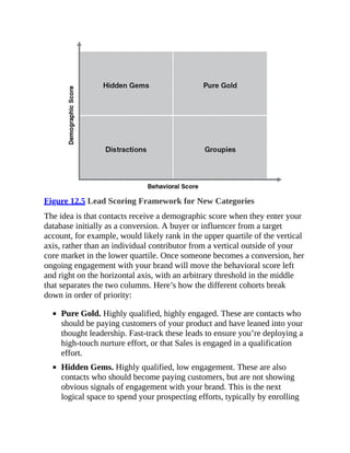 Figure 12.5 Lead Scoring Framework for New Categories
The idea is that contacts receive a demographic score when they enter your
database initially as a conversion. A buyer or influencer from a target
account, for example, would likely rank in the upper quartile of the vertical
axis, rather than an individual contributor from a vertical outside of your
core market in the lower quartile. Once someone becomes a conversion, her
ongoing engagement with your brand will move the behavioral score left
and right on the horizontal axis, with an arbitrary threshold in the middle
that separates the two columns. Here’s how the different cohorts break
down in order of priority:
Pure Gold. Highly qualified, highly engaged. These are contacts who
should be paying customers of your product and have leaned into your
thought leadership. Fast-track these leads to ensure you’re deploying a
high-touch nurture effort, or that Sales is engaged in a qualification
effort.
Hidden Gems. Highly qualified, low engagement. These are also
contacts who should become paying customers, but are not showing
obvious signals of engagement with your brand. This is the next
logical space to spend your prospecting efforts, typically by enrolling
 