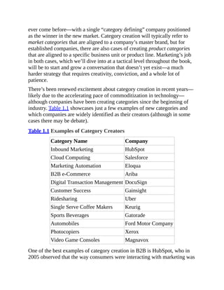 ever come before—with a single “category defining” company positioned
as the winner in the new market. Category creation will typically refer to
market categories that are aligned to a company’s master brand, but for
established companies, there are also cases of creating product categories
that are aligned to a specific business unit or product line. Marketing’s job
in both cases, which we’ll dive into at a tactical level throughout the book,
will be to start and grow a conversation that doesn’t yet exist—a much
harder strategy that requires creativity, conviction, and a whole lot of
patience.
There’s been renewed excitement about category creation in recent years—
likely due to the accelerating pace of commoditization in technology—
although companies have been creating categories since the beginning of
industry. Table 1.1 showcases just a few examples of new categories and
which companies are widely identified as their creators (although in some
cases there may be debate).
Table 1.1 Examples of Category Creators
Category Name Company
Inbound Marketing HubSpot
Cloud Computing Salesforce
Marketing Automation Eloqua
B2B e-Commerce Ariba
Digital Transaction Management DocuSign
Customer Success Gainsight
Ridesharing Uber
Single Serve Coffee Makers Keurig
Sports Beverages Gatorade
Automobiles Ford Motor Company
Photocopiers Xerox
Video Game Consoles Magnavox
One of the best examples of category creation in B2B is HubSpot, who in
2005 observed that the way consumers were interacting with marketing was
 