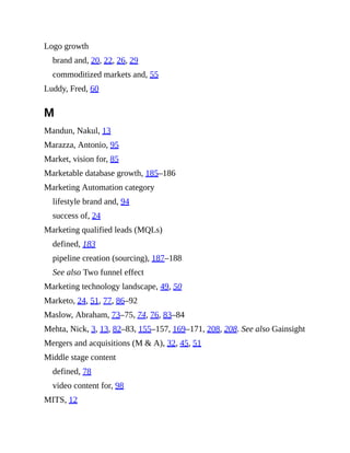 Logo growth
brand and, 20, 22, 26, 29
commoditized markets and, 55
Luddy, Fred, 60
M
Mandun, Nakul, 13
Marazza, Antonio, 95
Market, vision for, 85
Marketable database growth, 185–186
Marketing Automation category
lifestyle brand and, 94
success of, 24
Marketing qualified leads (MQLs)
defined, 183
pipeline creation (sourcing), 187–188
See also Two funnel effect
Marketing technology landscape, 49, 50
Marketo, 24, 51, 77, 86–92
Maslow, Abraham, 73–75, 74, 76, 83–84
Mehta, Nick, 3, 13, 82–83, 155–157, 169–171, 208, 208. See also Gainsight
Mergers and acquisitions (M & A), 32, 45, 51
Middle stage content
defined, 78
video content for, 98
MITS, 12
 