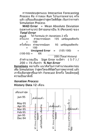 การทดสอบสู ต รแบบ Interactive Forecasting
Process คื อ การลอง Run โปรแกรมหลายๆ ครั้ ง
แล้ว เปรียบเทียบสูตรว่าสูตรใดดีที่สุด เรียกว่าการทำา
Simulation Process
MAD Error = Mean Absolute Deviation
(เฉพาะค่ าบวก) มีค่ าออกมาเป็ น % (Percent) ข อ ง
Total Error

สมมุต ิ
ให้ Formula ทำา Iterations 2 ครั้ง
ครั้ง แรก
ค่าพยากรณ์ออก
105 แต่ข้อมูลอดีตจริง
=
100
ครั้ง ที่ส อง ค่าพยากรณ์ออก
93 แต่ข้อมูลอดีตจริง
=
100
Unsigned Error =
(105-100)
+
(100-93) =
6%
200 (Total History)

ถ้ า คำา นวณเป็ น Sign Error จะมี ค่ า ( 5-7 ) /
200 = 1% เรียกว่า % Net Error
Iterations หมายถึ ง แนวคิ ด ในการคำา นวณแต่ ล ะรอบ
เพื่อ Simulation ว่าสูตรใดจะดีที่สุดในการพยากรณ์ แล้ว
เราจึงเลือกสู ตรขึ้น มาทำา Forecast อีกครั้ ง โดยมีท ฤษฎี
ความเป็นมาดังนี้
Iteration Process
History Data 12 เดือ น

นำา History มาคำานวณ Iteration
รอบสอง

แล้วไปเทียบกับ 3 เดือนท้าย

May-95
Apr-95
Mar-95
Feb-95
Jan-95
Dec-94

ตัวตั้งรอบที่ 1
นำา History มาคำานวณ Iteration
รอบแรก

Jun-95

ตัวตั้งรอบที่ 2

นำา History มาคำานวณ Iteration ทั้ง 12
รอบ

เดือ นล่า สุด

ตัวตั้งรอบที่ 3

 