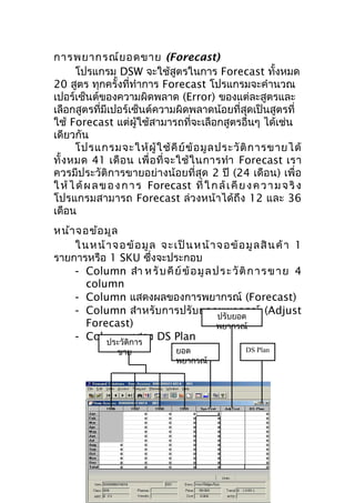 การพยากรณ์ย อดขาย (Forecast)
โปรแกรม DSW จะใช้สูตรในการ Forecast ทั้งหมด
20 สูตร ทุกครั้งที่ทำาการ Forecast โปรแกรมจะคำานวณ
เปอร์เซ็นต์ของความผิดพลาด (Error) ของแต่ละสูตรและ
เลือกสูตรที่มีเปอร์เซ็นต์ความผิดพลาดน้อยที่สุดเป็นสูตรที่
ใช้ Forecast แต่ผู้ใช้สามารถที่จะเลือกสูตรอื่นๆ ได้เช่น
เดียวกัน
โปรแกรมจะให้ ผู้ ใ ช้ คี ย์ ข้ อ มู ล ประวั ติ ก ารขายได้
ทั้ ง หมด 41 เดื อ น เพื่ อ ที่ จ ะใช้ ใ นการทำา Forecast เรา
ควรมีประวัติการขายอย่างน้อยที่สุด 2 ปี (24 เดือน) เพื่อ
ใ ห้ ไ ด้ ผ ล ข อ ง ก า ร Forecast ที่ ใ ก ล้ เ คี ย ง ค ว า ม จ ริ ง
โปรแกรมสามารถ Forecast ล่วงหน้าได้ถึง 12 และ 36
เดือน
หน้า จอข้อ มูล
ใ นห น้ าจ อ ข้ อ มู ล จะเป็ น ห น้ าจ อ ข้ อ มู ลสิ น ค้ า 1
รายการหรือ 1 SKU ซึ่งจะประกอบ
- Column สำา ห รั บ คี ย์ ข้ อ มู ล ป ร ะ วั ติ ก า ร ข า ย 4
column
- Column แสดงผลของการพยากรณ์ (Forecast)
- Column สำา หรับการปรับยอดพยากรณ์ (Adjust
ปรับยอด
Forecast)
พยากรณ์
- Column การ DS Plan
แสดง
ประวัติ
ขาย

ยอด
พยากรณ์

DS Plan

 