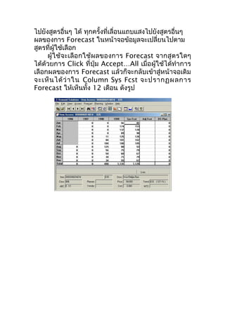 ไปยังสูตรอื่นๆ ได้ ทุกครั้งที่เลื่อนแถบแสงไปยังสูตรอื่นๆ
ผลของการ Forecast ในหน้าจอข้อมูลจะเปลี่ยนไปตาม
สูตรที่ผู้ใช้เลือก
ผู้ ใช้จ ะเลือ กใช้ผ ลของการ Forecast จากสู ตรใดๆ
ได้ด้วยการ Click ที่ปุ่ม Accept…All เมื่อผู้ใช้ได้ทำา การ
เลือกผลของการ Forecast แล้วก็จะกลับเข้าสู่หน้าจอเดิม
จะเห็ น ได้ ว่ า ใน Column Sys Fcst จะปรากฏผลการ
Forecast ให้เห็นทั้ง 12 เดือน ดังรูป

 