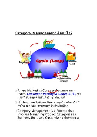 Category Management คือ อะไร ?

Review

Targeting

Cycle (Loop)

Planning Merchandising

Evaluation
Result

Sale

Implementation
strategy

 A new Marketing Concept พัฒนามาจากการ
บริหาร Consumer Packaged Goods (CPG) ซึ่ง
นำามาใช้ประยุกต์กับสินค้าอื่นๆ ได้อย่างดี
 เพื่อ Improve Bottom Line ของธุรกิจ บริหารให้มี
กำาไรสูงสุด และ Inventory สินค้าน้อยที่สุด
 Category Management is a Process that
Involves Managing Product Categories as
Business Units and Customizing them on a

 