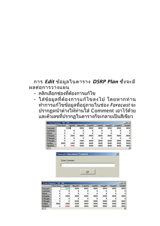 กา ร Edit ข้อ มูล ใ นต าร าง DSRP Plan ซึ่ง จะ มี
ผลต่อ การวางแผน
- คลิกเลือกช่องที่ต้องการแก้ไข
- ใส่ ข้ อ มู ล ที่ ต้ อ งการแก้ ไ ขลงไป โดยหากท่ า น
ทำา การแก้ ไขข้อมู ลที่ อยู่ภ ายในช่อง Forecast จะ
ปรากฏหน้าต่างให้ท่านใส่ Comment เอาไว้ด้วย
และตัวเลขที่ปรากฏในตารางก็จะกลายเป็นสีเขียว

 