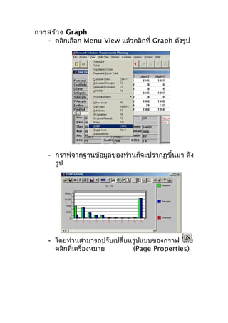 การสร้า ง Graph
- คลิกเลือก Menu View แล้วคลิกที่ Graph ดังรูป

- กราฟจากฐานข้อมูลของท่านก็จะปรากฏขึ้นมา ดัง
รูป

- โดยท่านสามารถปรับเปลี่ยนรูปแบบของกราฟ โดย
คลิกที่เครื่องหมาย
(Page Properties)

 