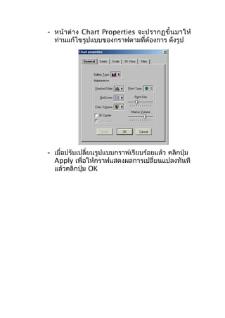 - หน้ า ต่ า ง Chart Properties จะปรากฏขึ้ น มาให้
ท่านแก้ไขรูปแบบของกราฟตามที่ต้องการ ดังรูป

- เมื่อปรับเปลี่ยนรูปแบบกราฟเรียบร้อยแล้ว คลิกปุ่ม
Apply เพื่อให้กราฟแสดงผลการเปลี่ยนแปลงทันที
แล้วคลิกปุ่ม OK

 