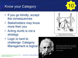 Copyright © SpringTide Consulting Ltd 2013
www.SpringTideLtd.co.uk
Consulting | Training | Qualifications | Negotiation | Outsourcing | Cost Reduction
Know your Category
• If you go blindly, accept
the consequences
• Stakeholders may know
more than you
• Acting dumb is not a
strategy
• Logic is hard to
challenge: Category
Management is logical
10
 