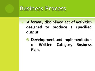

A formal, disciplined set of activities
designed to produce a specified
output


Development and implementation
of Written Category Business
Plans

 