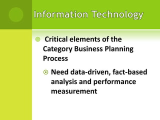 

Critical elements of the
Category Business Planning
Process


Need data-driven, fact-based
analysis and performance
measurement

 