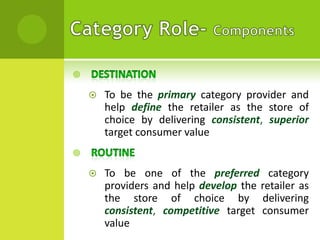 


To be the primary category provider and
help define the retailer as the store of
choice by delivering consistent, superior
target consumer value



To be one of the preferred category
providers and help develop the retailer as
the store of choice by delivering
consistent, competitive target consumer
value



 
