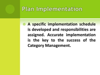 

A specific implementation schedule
is developed and responsibilities are
assigned. Accurate implementation
is the key to the success of the
Category Management.

 