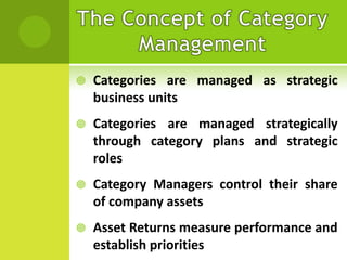 

Categories are managed as strategic
business units



Categories are managed strategically
through category plans and strategic
roles



Category Managers control their share
of company assets



Asset Returns measure performance and
establish priorities

 