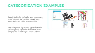 CATEGORIZATION EXAMPLES
Based on traffic behavior you can create
other categories that are relevant to
what users are most interested in
Has categories by brand, type of ski and
by age group & gender, based on how
people are searching on their website
 