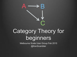 Category Theory for
beginners
Melbourne Scala User Group Feb 2015
@KenScambler
A B
C
 