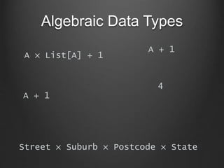 Algebraic Data Types
A × List[A] + 1
A + 1
A + 1
4
Street × Suburb × Postcode × State
 