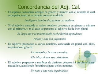Concordancia del Adj. Cal. <ul><li>El adjetivo concuerda siempre en género y número con el nombre al cual acompaña, tanto ...